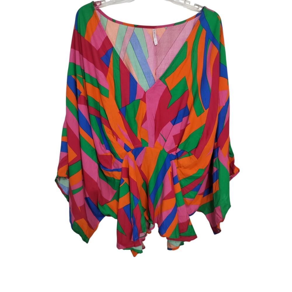 5285) JW Style Multicolor Geo Print Relaxed Dolman Sleeve Top Plus 2X - Picture 2 of 7